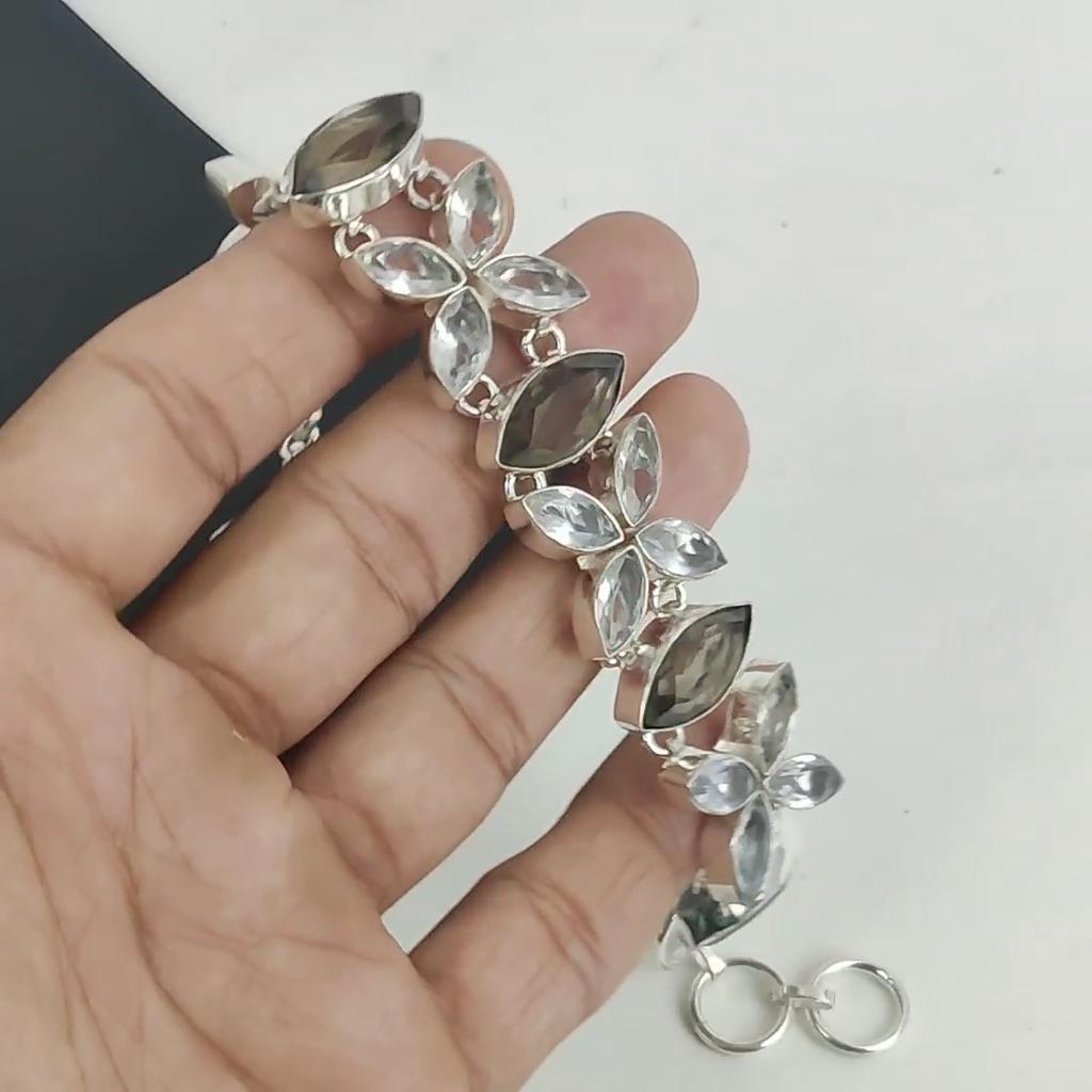 Удивительный браслет из драгоценного камня дымчатый топаз ручной работы из серебра 925 пробы, дымчатый топаз, браслет из белого топаза для жены, браслет унисекс, подарок на день рождения