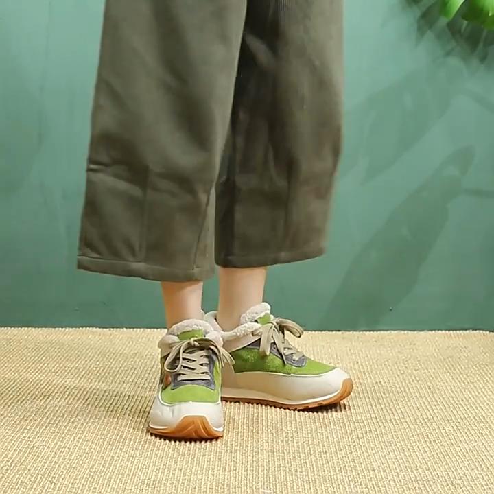 Johnature Warm Plush Cotton Shoes Versatile Lightweight Round Toe Lace-up Casual Women's Shoes