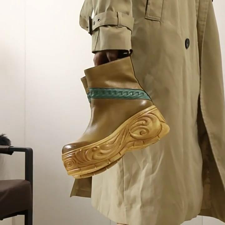 Johnature Genuine Leather Wedge Heel Women's Boots Retro Round Toe Thick Soled Short Boots