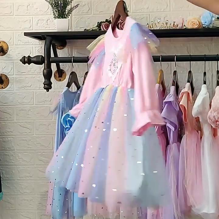 2024 New Spring Autumn Toddler Daily Girls Dresses Long Sleeve Sequin Unicorn Princess Costume Tutu Party Xmas Gift 3-10 Years
