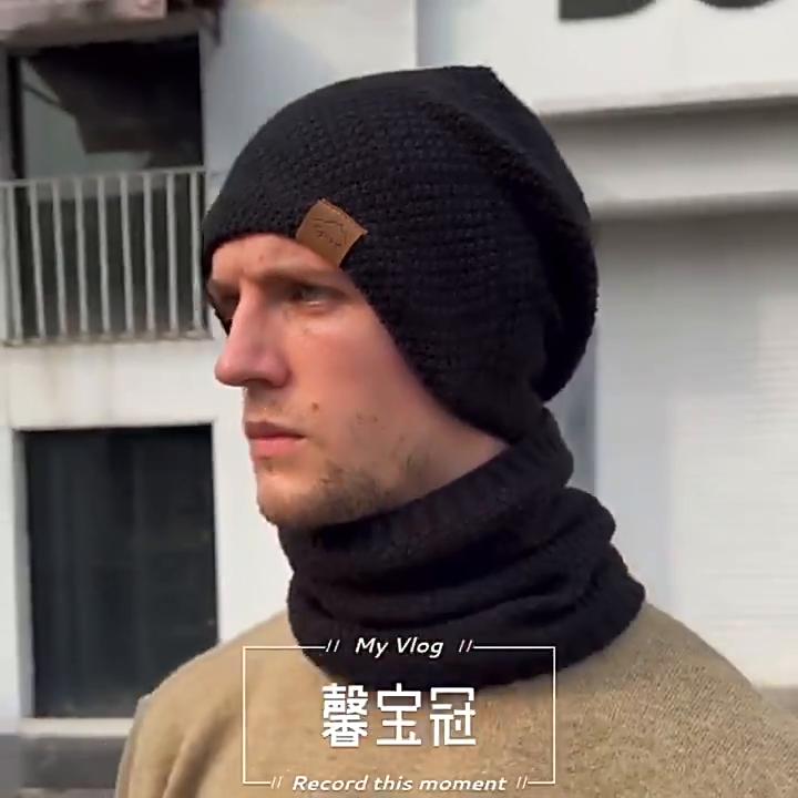 Men's Autumnn Winter Solid Color Knitted Hat and Scarf Set Thicken Warm Fleece Lined Cold-resistant Hat and Neckerchief for Men