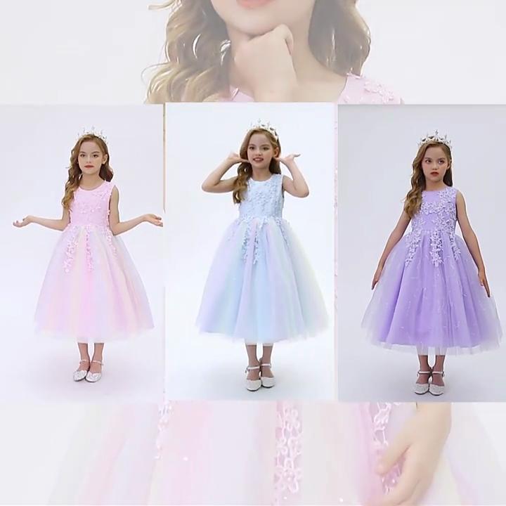 Girls Luxury Rainbow Tulle Lace Flower Bridesmaid Wedding Party Dresses Children Colorful Graduation Ceremony Costume
