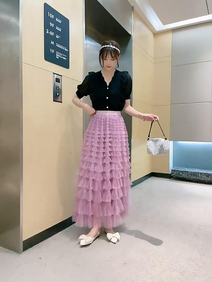 Qooth Осенняя сетчатая пышная длинная юбка в корейском стиле, элегантная винтажная бальное платье с эластичной резинкой на талии и высокой талией, газовая тюлевая юбка QT1989