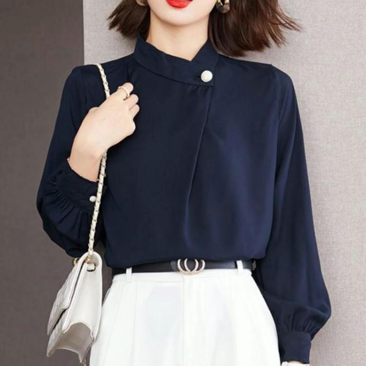 Весенне-осенняя элегантная модная шифоновая рубашка с воротником-стойкой, женская повседневная блузка с рукавом 3/4, женский однотонный пуловер, топ