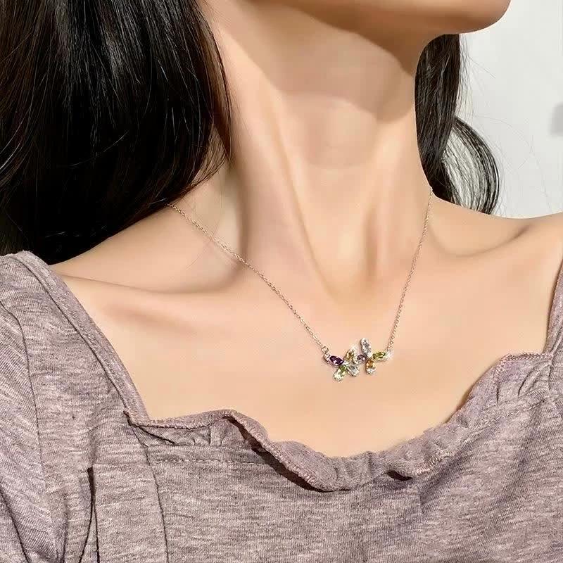 S925 Silver Natural Crystal Stone Necklace Summer Fresh Simple Rainbow Crystal Light Luxury Collarbone Chain Women Fashion Jewelry Gift