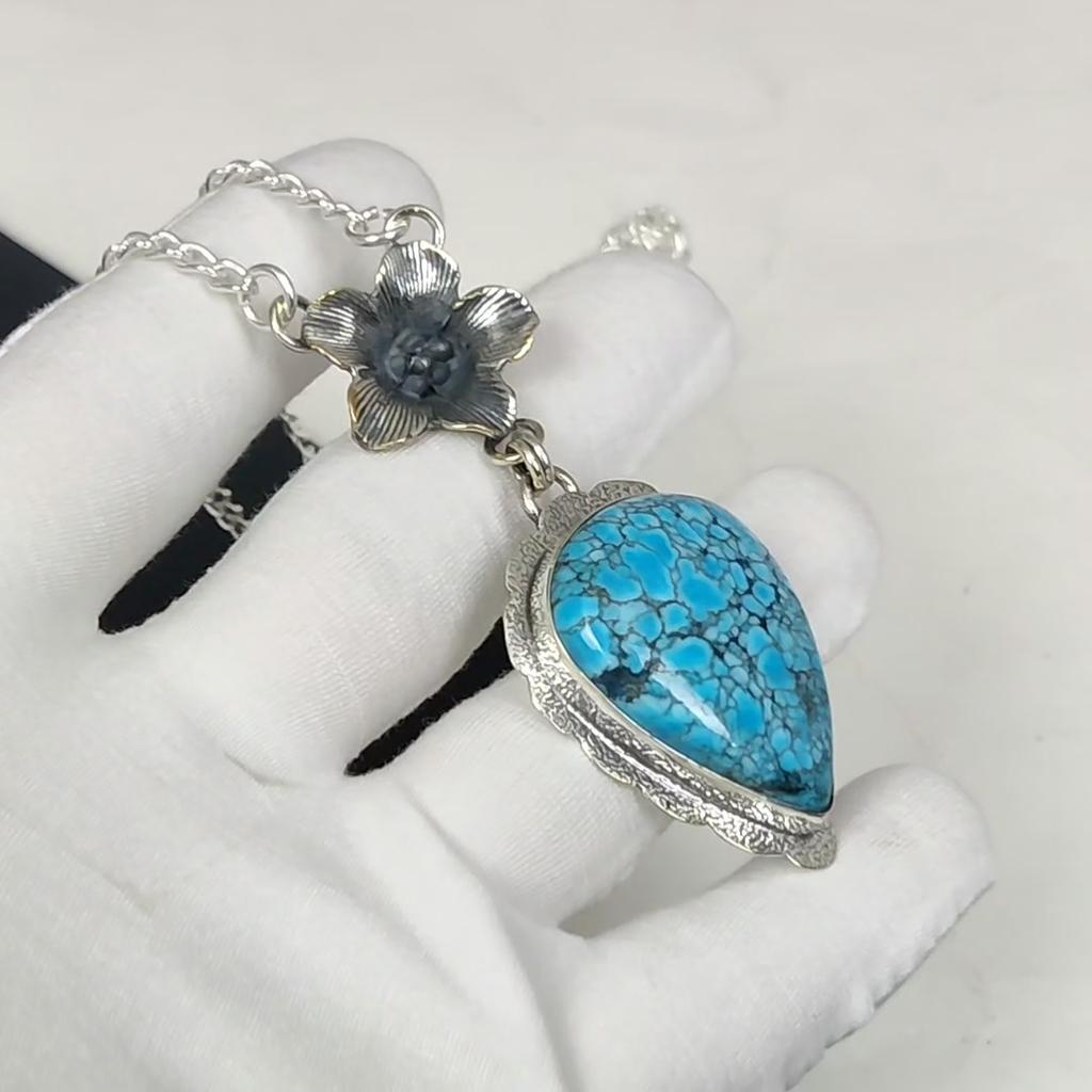 Натуральный тибатне бирюзовый драгоценный камень ручной работы из стерлингового серебра 925 пробы гальванопластика цветок ожерелье, тибатне бирюзовый серебро для жены унисекс кулон подарок
