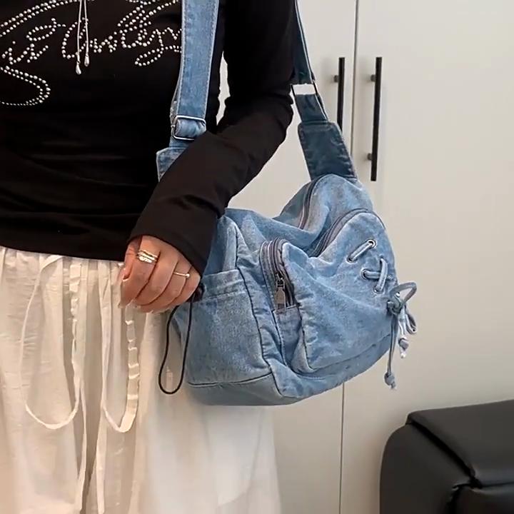 Fashion Solid Color Strap Design Women Casual Denim Crossbody Bag For Streetwear