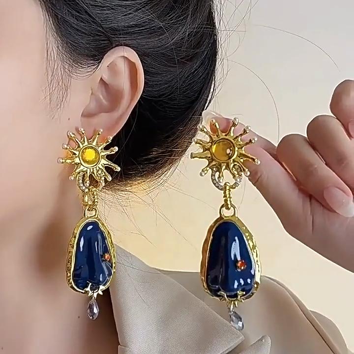 Преувеличенные Синие Каменные Серьги-Подвески в Форме Капли Воды для Женщин Украшения Барочный Стиль Вечеринка Шоу Заявление Серьги Аксессуары