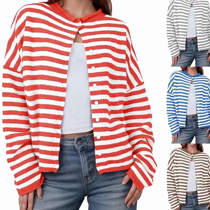 Женский полосатый контрастный свитер на осень и зиму, повседневный кардиган с длинными рукавами