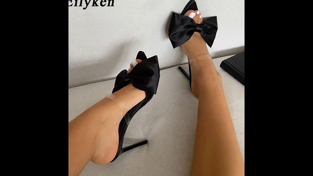 Eilyken Summer Silk Butterfly-knot Mule High Heels Slippers Sandals Flip Flops Pointed Toe Strappy Slides Party Women Slippers Shoes