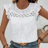 Летняя белая кружевная рубашка с круглым вырезом и оборками, женская свободная повседневная модная универсальная футболка-пуловер, женская футболка без рукавов