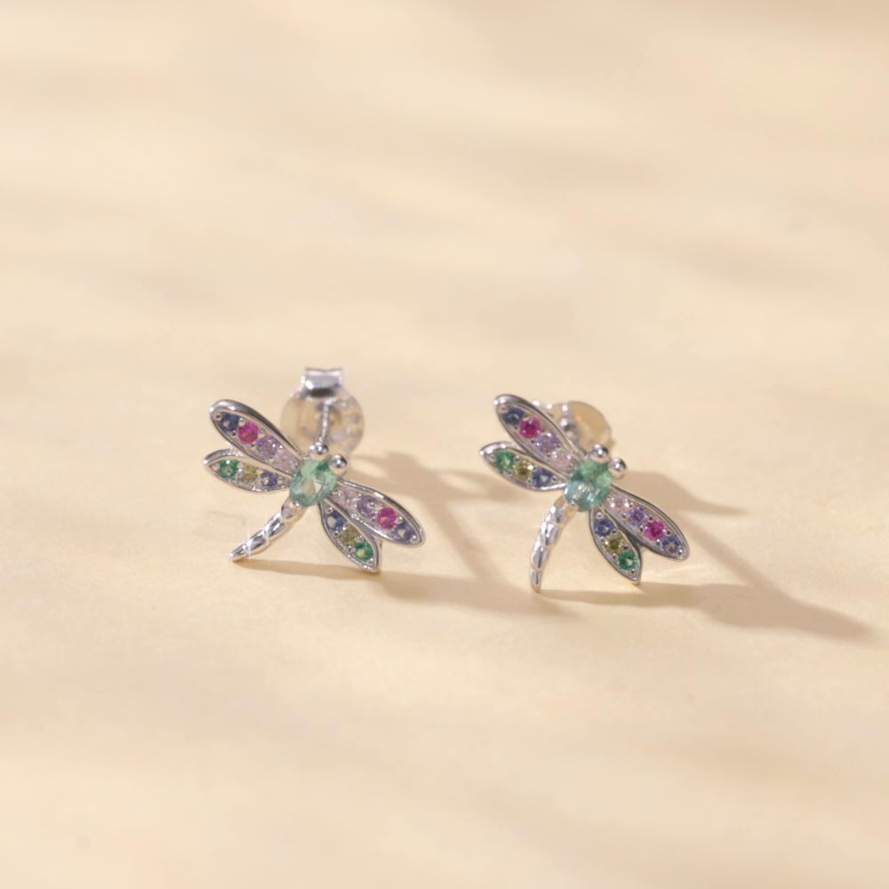 WOSTU 925 Sterling Silver Dragonfly Stud Earrings Insect Earrings for Women Colorful Zircon Fine Jewelry