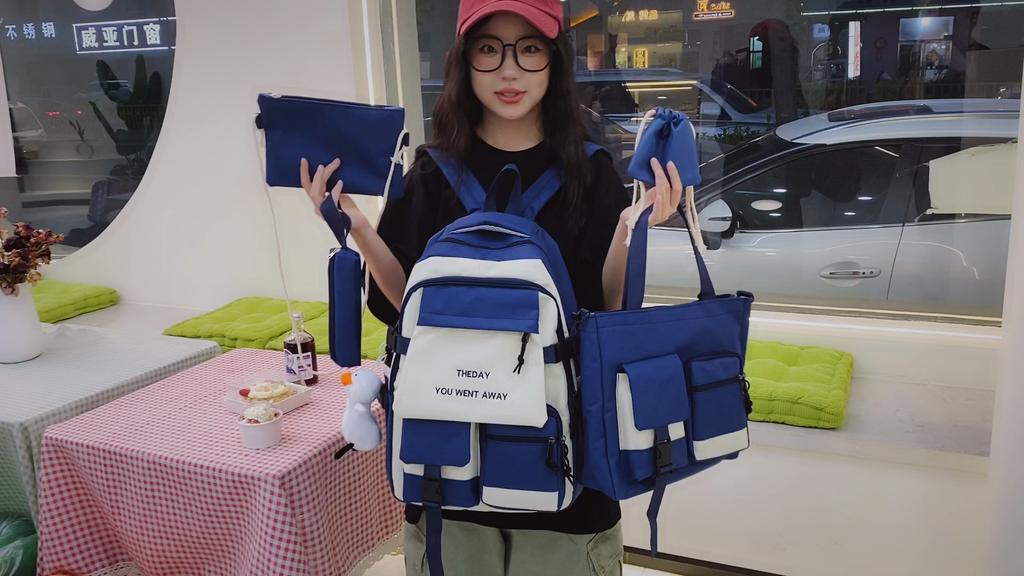 Five-Piece Backpack Set Color Block Schoolbag Women's Lightweight Backpack Large Capacity Travel Backpack for Students