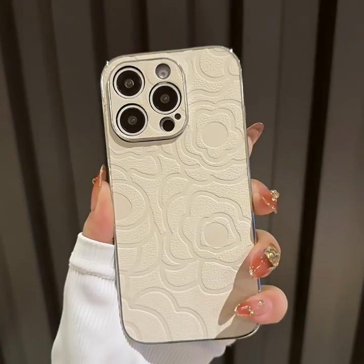 Luxury 3D Imprint Camellia Flower Leather Phone Case For iPhone 11 12 13 Pro 14 15 16 Pro Max Plus Anti Drop Protective Case