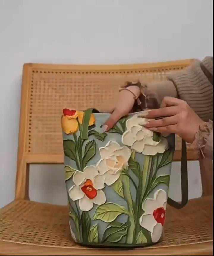 Yogodlns New Fashion Floral Pattern Bucket Bag Canvas Casual Shoulder Bag Large Capacity Creative Handbag for Women