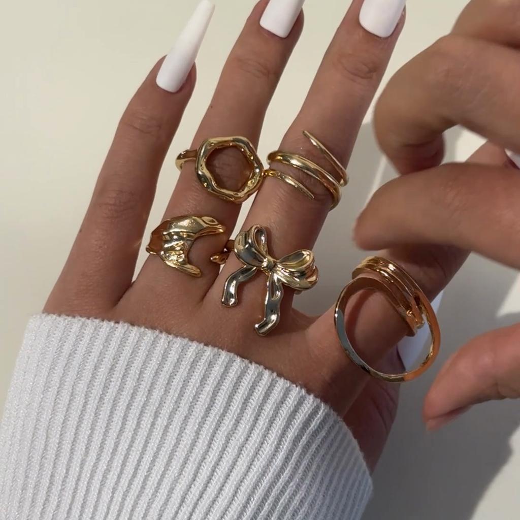 Модный креативный бант, лунная геометрия, кольцо из тяжелого металла, персонализированный нерегулярный набор из шести колец, женский ювелирный набор