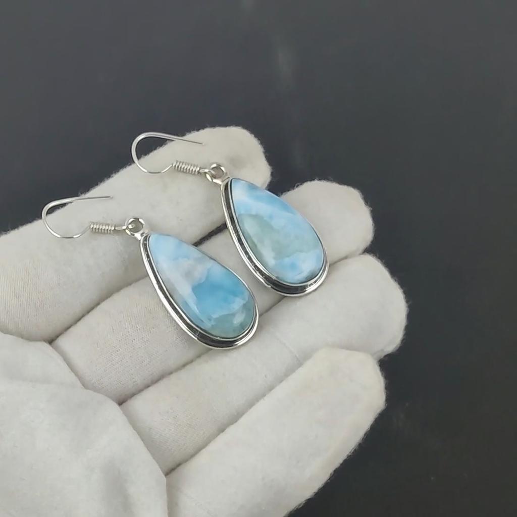 Серьги из натурального драгоценного камня Ларимар, старинные серьги из стерлингового серебра 925 пробы, серьги-подвески из серебра в стиле бохо, подарки на день рождения, подарки для нее