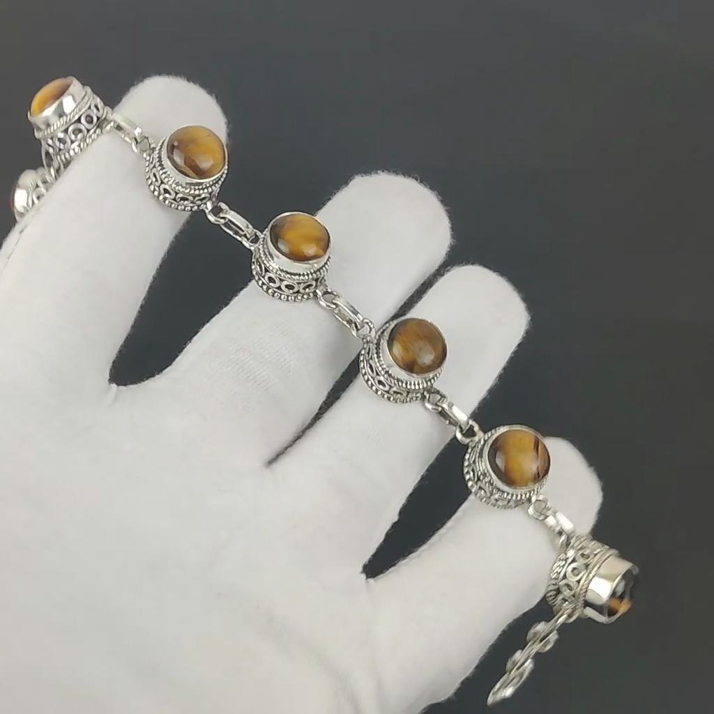 Natural Tiger Eye Bracelet 925 Sterling Silver Bracelet Adjustable Chain Bracelet Handmade Boho Bracelet Gemstone Jewelry Engagement Gifts