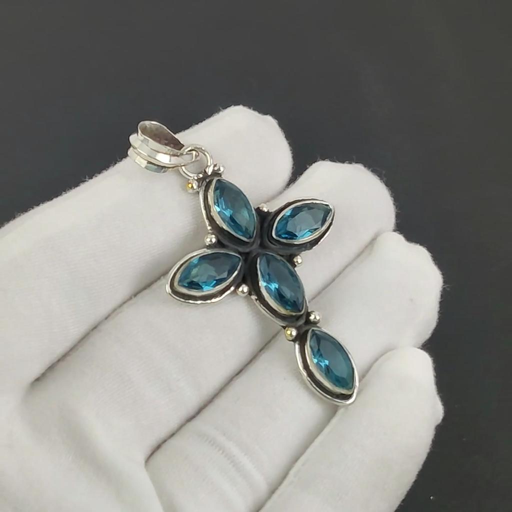 Blue Topaz Gemstone Silver Cross Pendant In 925 Sterling Silver- Handmade Design, Everyday Wear Jewelry, Unique Pendant Party Wear Gift