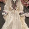 National Style Elegant Beach Vacation Dress Women Embroidery Flower Print Vintage Party Midi Dresses Female Loose Retro Design Casual Clothes
