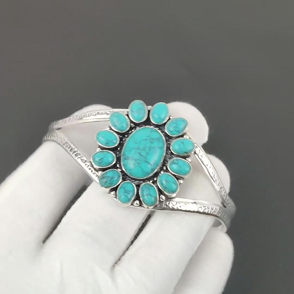 Натуральный бирюзовый драгоценный камень Ручной работы Манжета-браслет из стерлингового серебра 925 пробы, Браслет в форме цветка из бирюзы для жены, Унисекс браслет