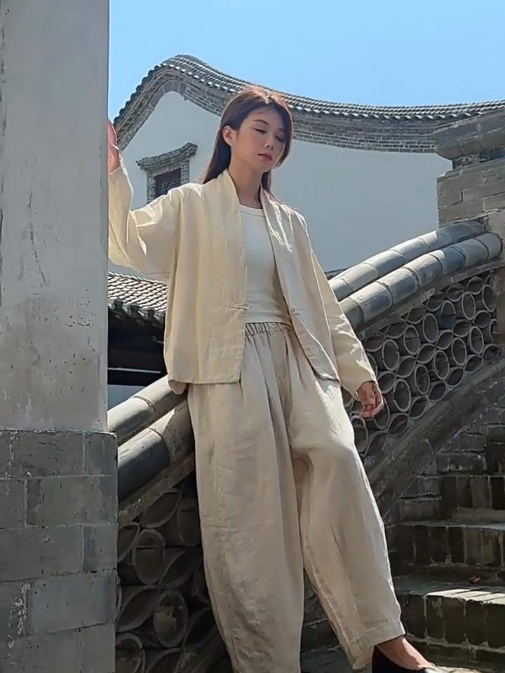 Johnature Autumn Woman Linen Vintage Disc Buckle Suit Coat Solid Color V-Neck Retro Loose Long Sleeves Coat