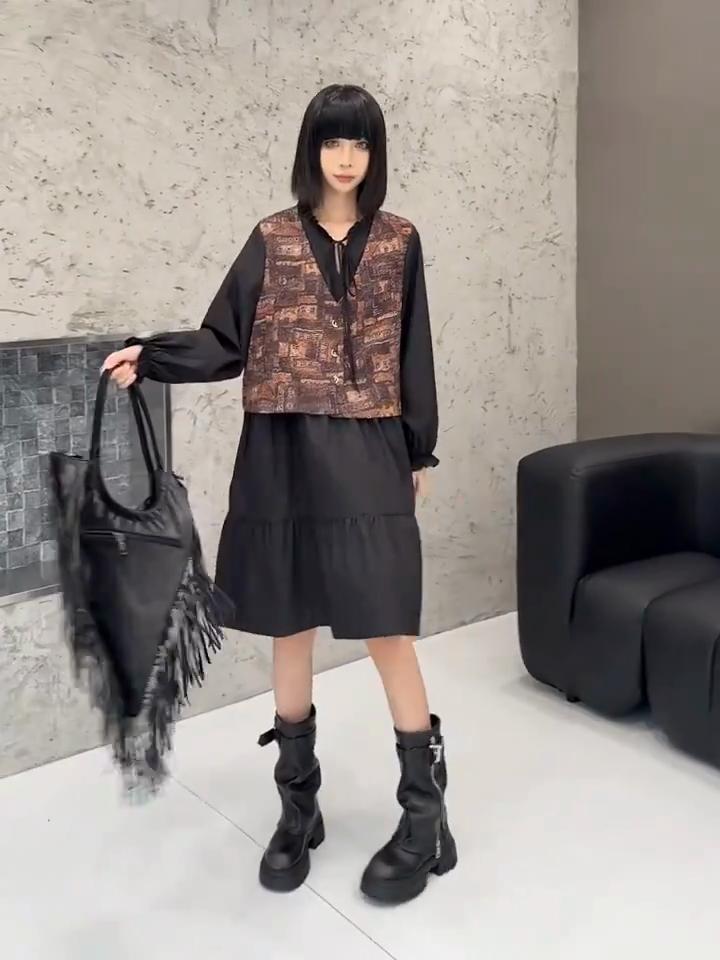 Xitao Ретро-гонконгский стиль поддельное платье из двух частей LJ1058