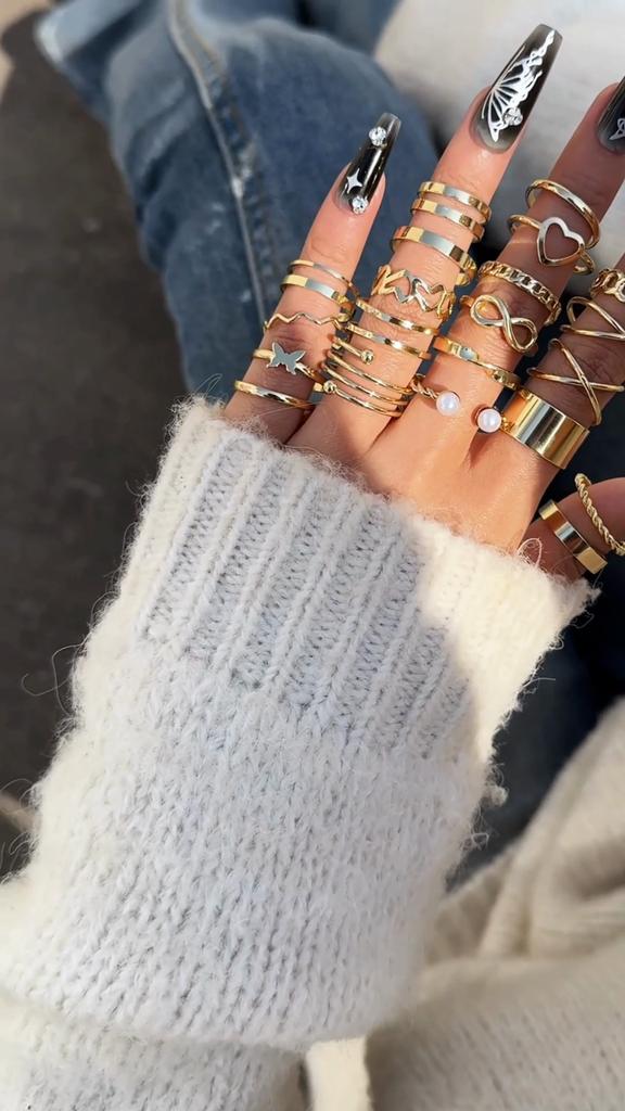 Изысканное кольцо с имитацией жемчуга, Универсальное кольцо для девичников, Простое кольцо с резьбой, Регулируемый темперамент, Женский набор колец