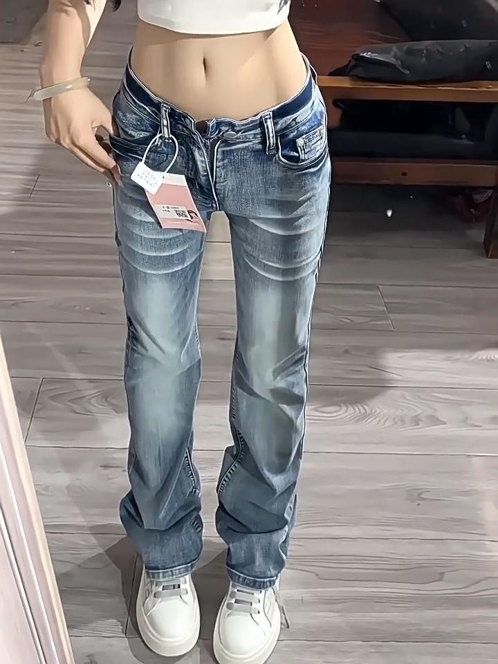 Американский Дизайн Улиц Модные Низкопосадочные Джинсы Bootcut с Фактурой для Женщин на Осень и Зиму Дизайн Хот Гёрл Растягивающиеся Узкие Прямые Брюки