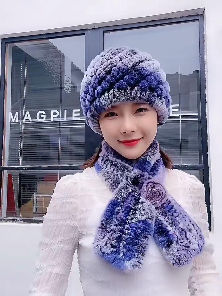 Winter Knitted Natural Fur Hats Scarves Sets Women Warm Real Rex Rabbit Fur Hat Scarf Lady Fashion Thick Rex Rabbit Fur Hat
