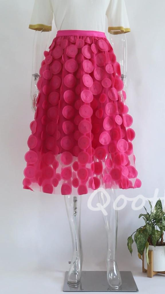 Qooth Women 3D Design Polka Dot Tulle Mesh Skirt Vintage Elastic Waist Long A-line Tutu Skirt QT2176