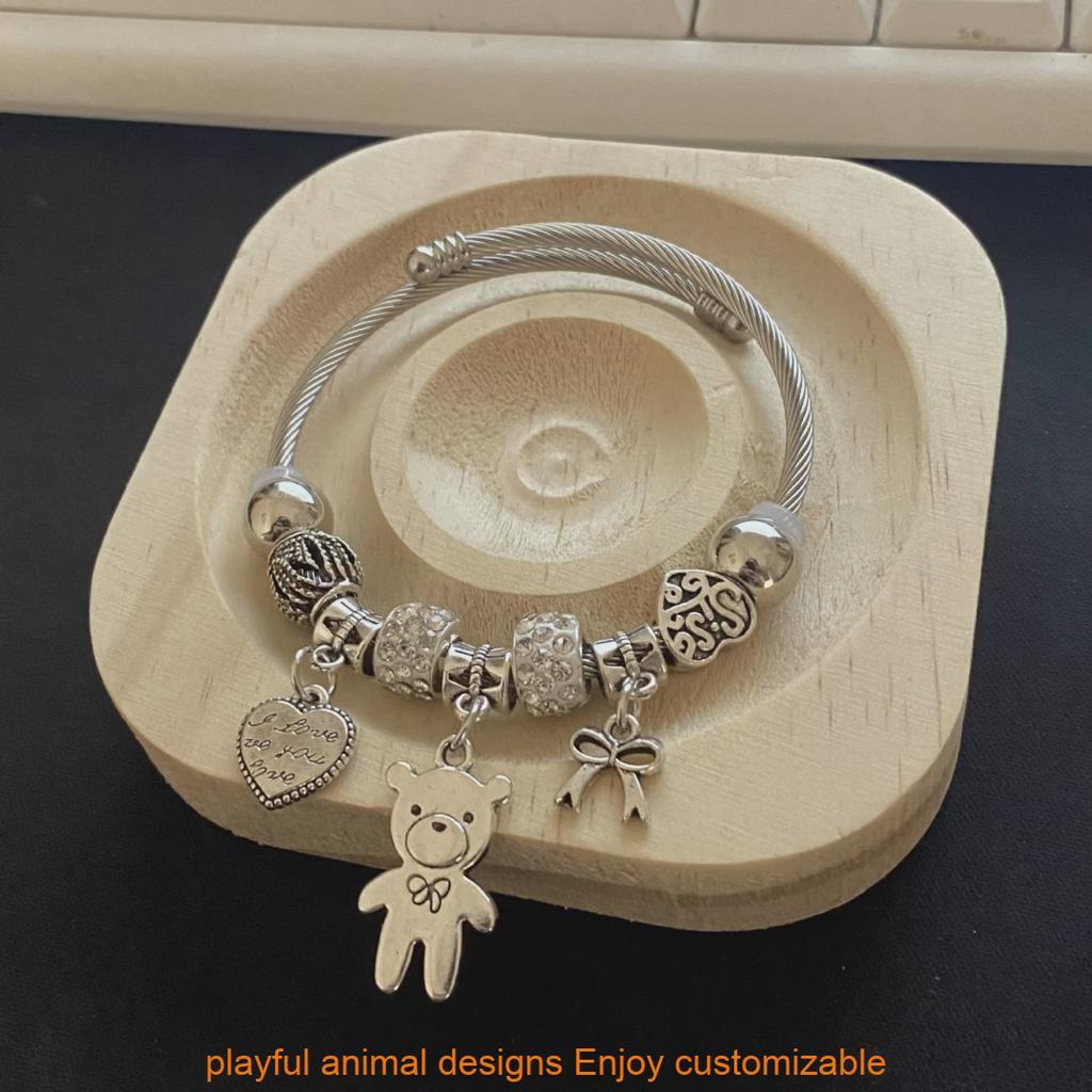 Сердце-Мишка из Нержавеющей Стали DIY Шарм Браслет с Фианитами Для Подарка и Модный Аксессуар