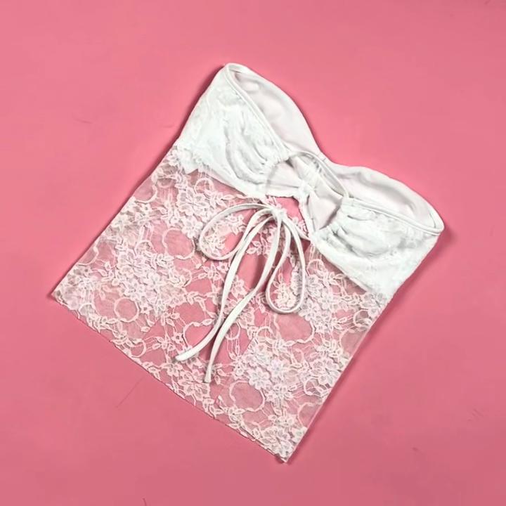 Solid Backless Bandage Corset Top Sweet Lace Stitched Strapless Tube Tops Women Sexy Club Party Tee Vintage Y2k Chic Vest 2025