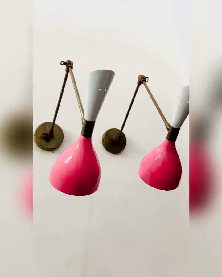 Mid Century Italian Brass Wall Sconce: Pink & White Diabolo Lamp