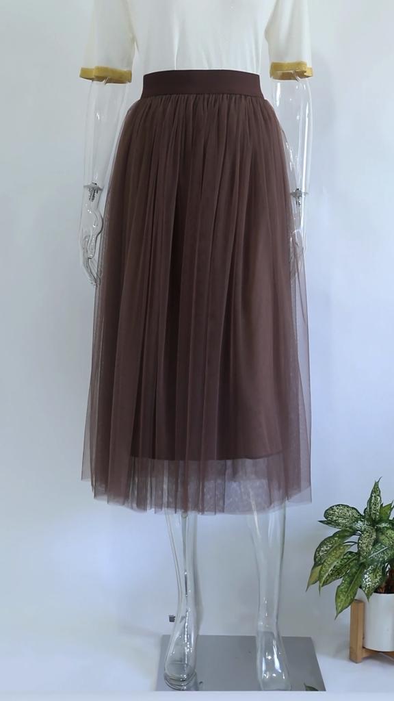 Qooth Elastic Waist 3 Layers Mesh Long Tulle Skirt Spring Autumn Elegant Vintage High Waist Ball Gown Gauze Tutu Skirt QT2001