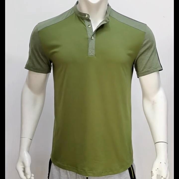 Мужская летняя спортивная рубашка Henry в европейском и американском стиле с коротким рукавом и воротником-стойкой, модный топ для фитнеса в стиле пэчворк