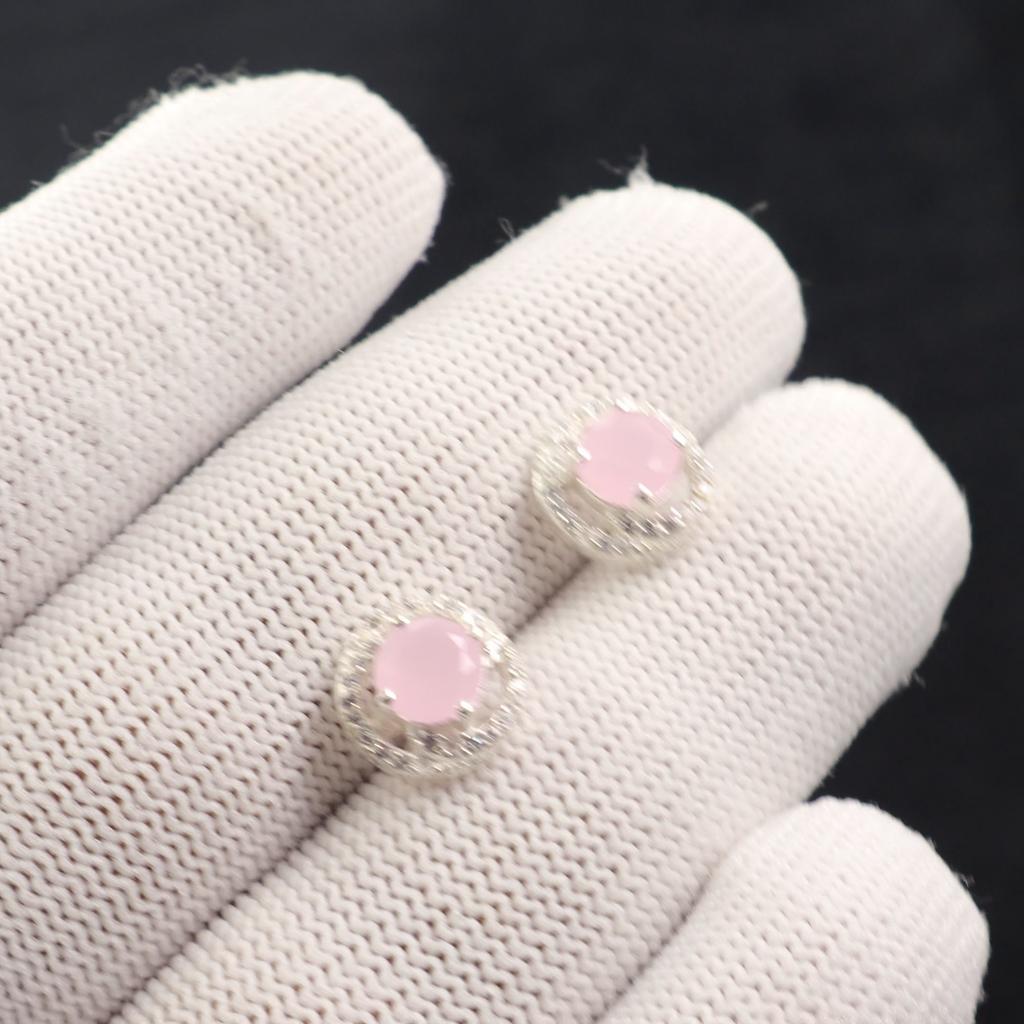 Rose Chalcedony Gemstone 925 Sterling Silver Jewelry Zircon Small Studs 0.41" CZE-8-14