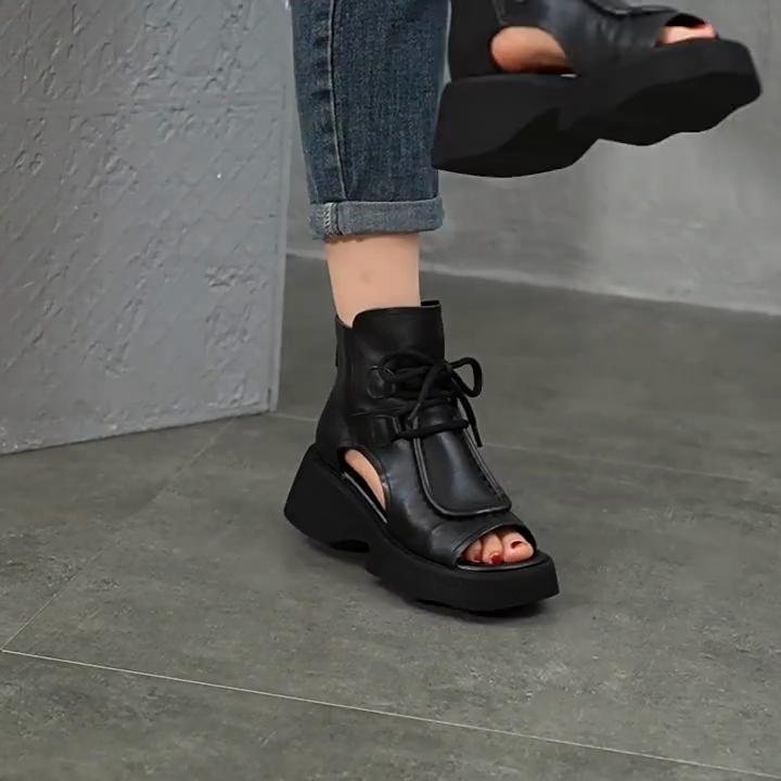 Johnature Женская обувь из натуральной кожи, римские сандалии, винтажные летние сапоги с застежкой-молнией сзади и открытым носком на толстой подошве