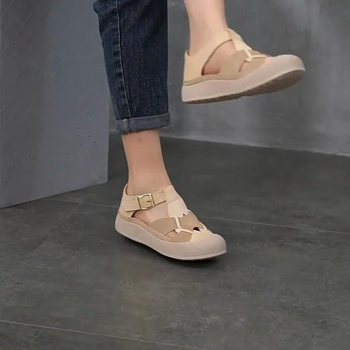 Johnature Round Toe Hollow-out Flat Sandals Genuine Leather Breathable And Comfortable Women's Shoes