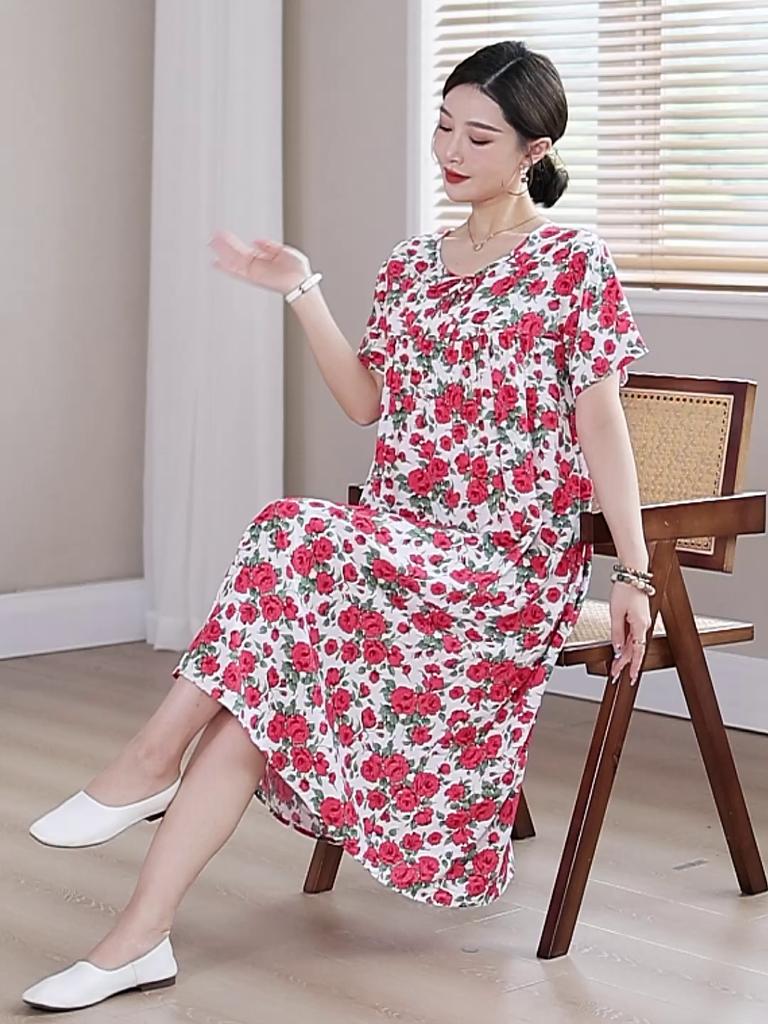 Plus Size Elegant Loose Dresses for Women Oversize Short Sleeve Vintage Print Long Dress Casual Middle-aged Women's Clothing