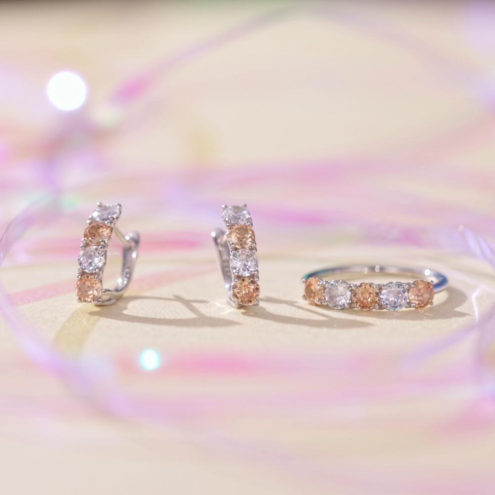 BAMOER 925 Sterling Silver Yellow & Clear Round Zircon Ring and Earrings Jewelry Set for Women Valentine's Day Gift Fine Jewelry