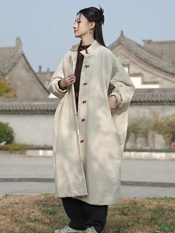 Johnature Women Vintage Long Parkas Turtleneck Solid Color Plus Cotton Warm Coats Winter Long Sleeve Button Parkas