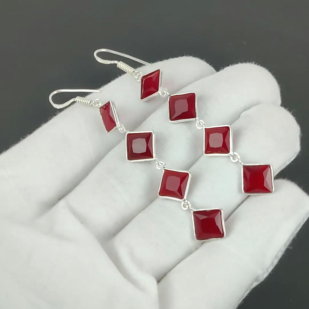 Red Ruby Gemstone Earrings, 925 Sterling Silver Earrings, Handmade Silver Earrings For Gift, Red Ruby Dangle Earrings Christmas Gift