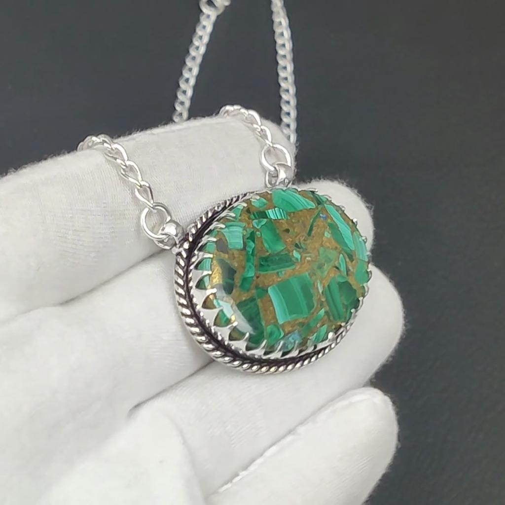 Copper Malachite Gemstone Jewelry Necklace, Copper Malachite 925 Sterling Silver Necklace For Wedding Gift, Necklace For Women For Gifts