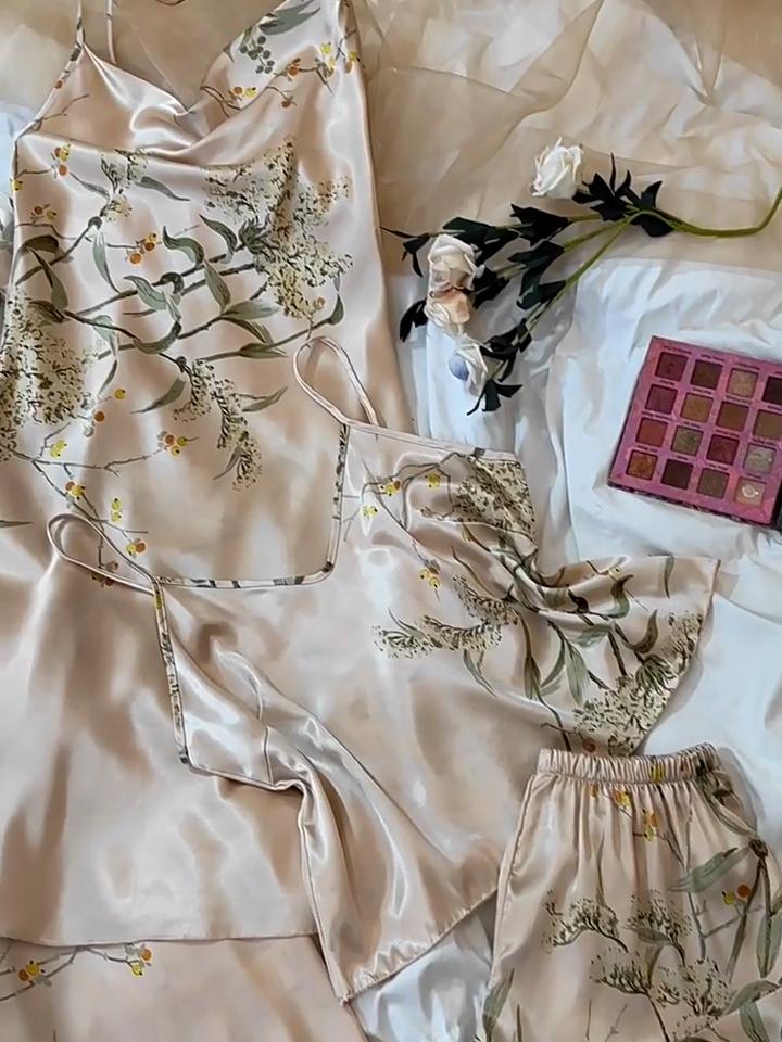 Женская мода, комплект из 5 предметов домашней одежды, пижамный комплект с принтом, удобный халат из ледяного шелка, шорты, платье-комбинация