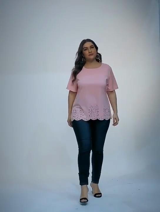 2024 Новые женские футболки больших размеров, волнистые футболки больших размеров, женские футболки с круглым вырезом и короткими рукавами, розовые топы, повседневная распродажа с фабрики