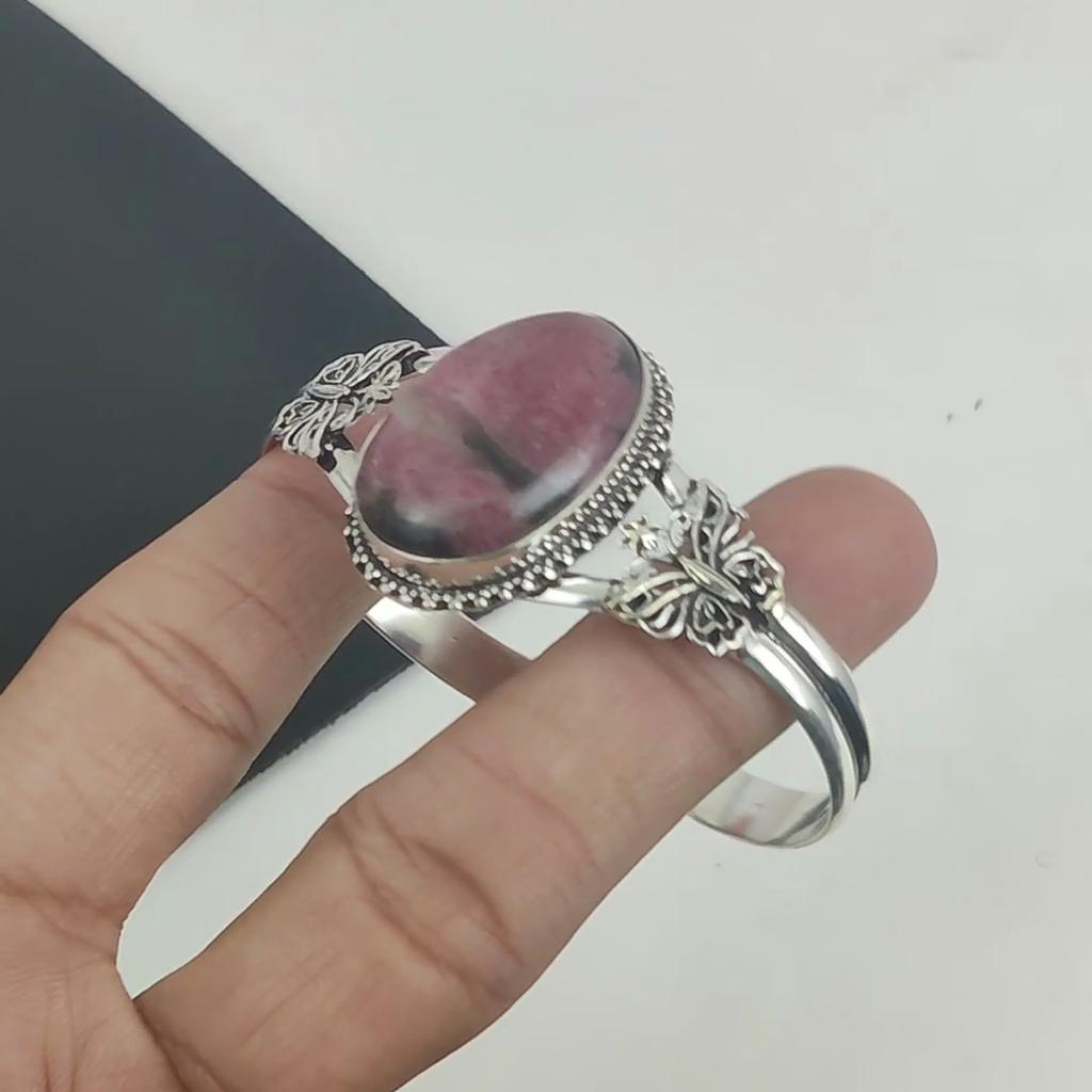 Natural Rhodonite Gemstone Handmade 925 Sterling Silver Cuff Bangle, Rhodonite Bangle,For Wife, Unisex Bangle, Gifts For Party Wear