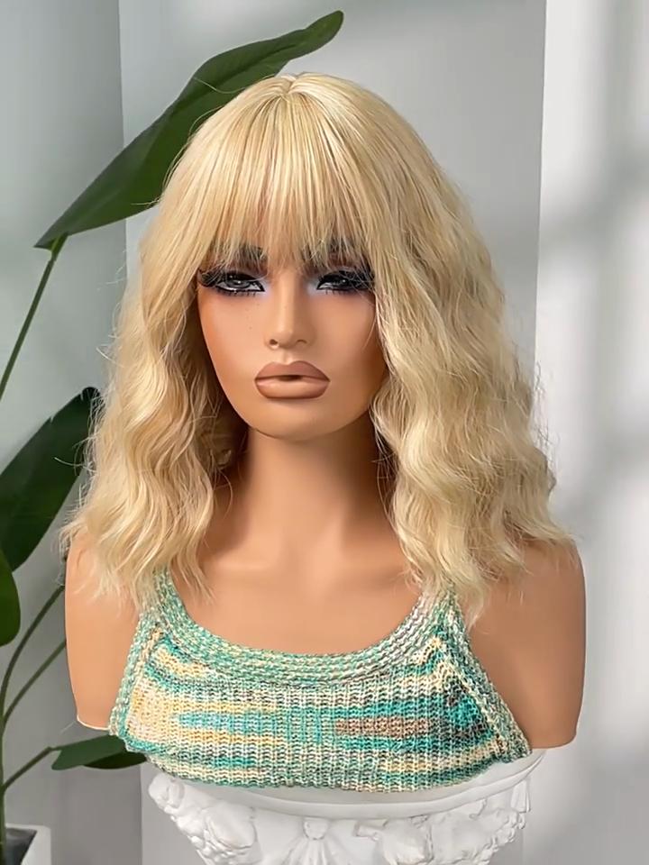 Women's Front Lace Heat Resistant Short Curly Wig with Blunt Bangs Ladies Fashion Natural Looking Golden Bobo Wig