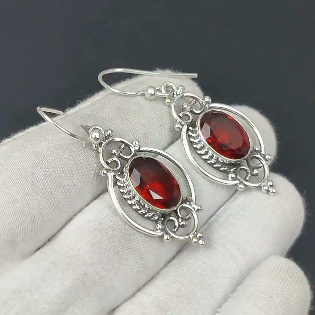 Серьги с красным гранатом, серебряные серьги с красным гранатом, серьги с красным гранатом, серьги из стерлингового серебра 925 пробы, серьги с драгоценными камнями, серьги с подвесками