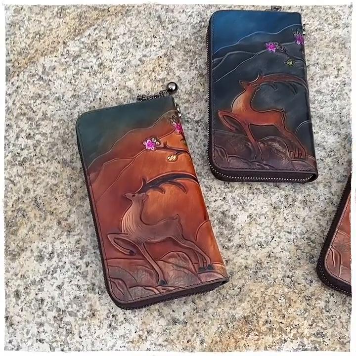 Johnature Vintage Wallet Genuine Leather Deer Head Embossed Women Long Wallets Natural Real Cowhide Hand Purse